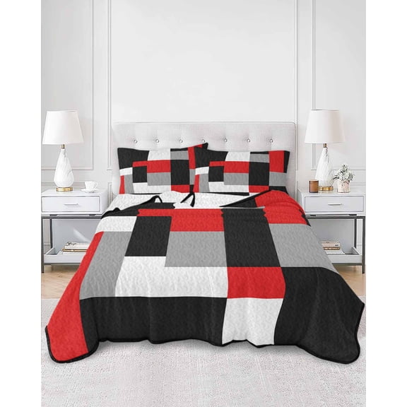 Quilts Queen Size, Red Black Grey Geometric Soft Comforter Bedding Set for Bed, Modern Abstract Art Luxury Lightweight Quilted Bedspread with Pillow Cover(2 Pieces) for All Season, 90x96 Inch