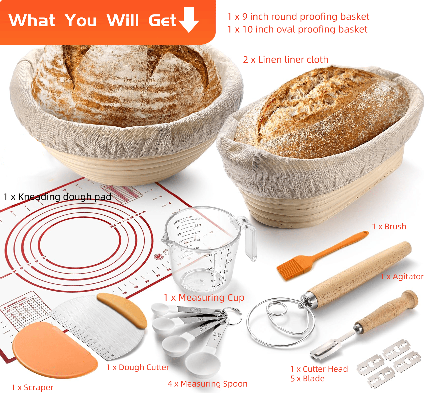 Simperf 17pcs Bread Proofing Basket Set, 9 inch Round & 10 inch Oval Natural Rattan Baskets for Making Baking Fermentation, Bread Making Tools Kit Banneton Proofing Basket