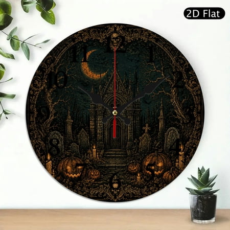 BCIIG 1pc Cemetery Chapel Theme Round Wooden Wall Clock for Home Decor, 10 inch Wooden Wall Clock Perfect for Decorating Living Rooms, Kitchens, Dorms, And As Practical Everyday Gifts