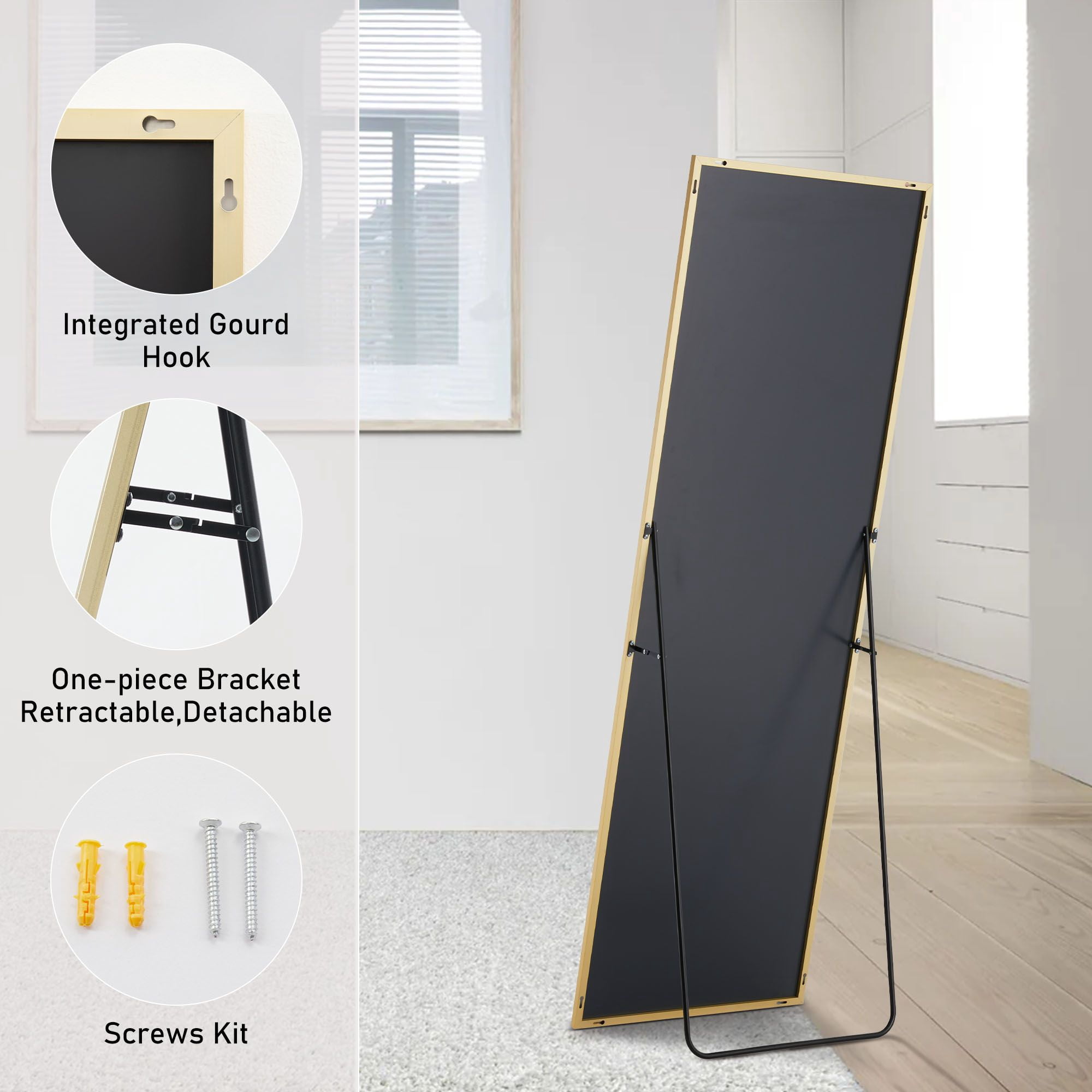 64"x21" Full Body Wall Mirror Standing Hanging or Leaning Wall-Mounted Mirrors with Stand Aluminum Alloy Frame Living Room