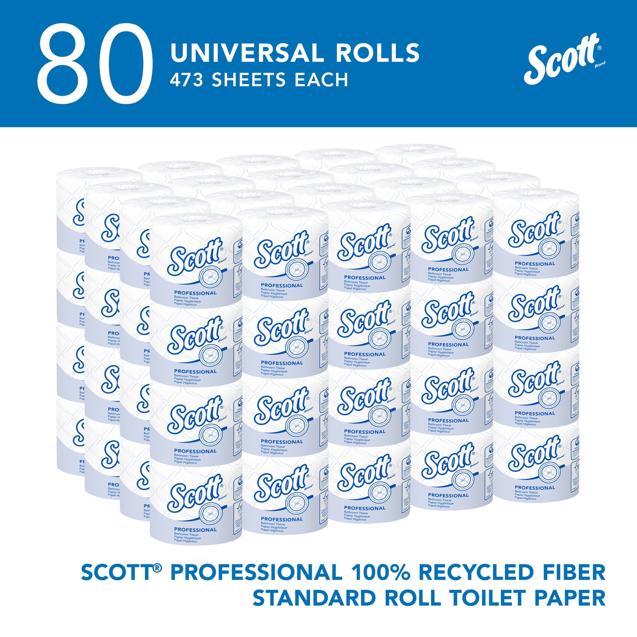 Scott® Professional 100% Recycled Fiber Standard Roll Toilet Paper, Bulk (13217), Elevated Design, 2-Ply, Individual Wrap (80 Rolls, 473 Sheets Each)