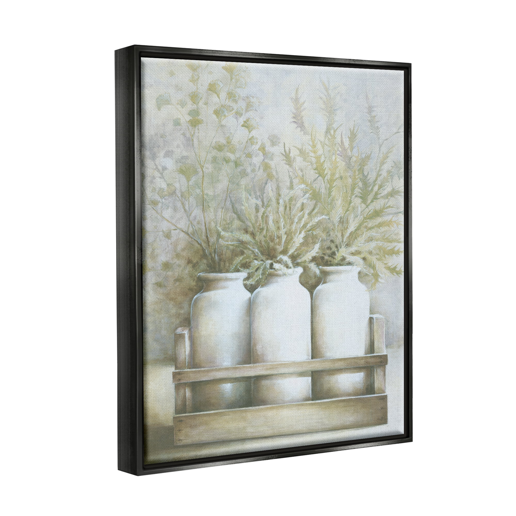 Stupell Industries Country Herbal Blooms Varied Plants Milk Jugs Painting Jet Black Floating Framed Canvas Print Wall Art, Design by White Ladder
