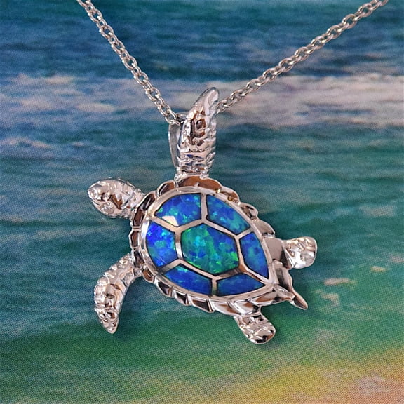 Pretty Hawaiian Sea Turtle Necklace, Sterling Silver Blue Opal Turtle Pendant, N6021 Birthday Valentine Wife Mom Gift, Island Jewelry