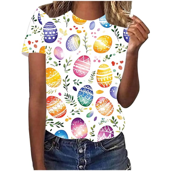 Youyipin Womens Tops Easter Eggs Print Womens Summer Tops Short Sleeve Shirts Casual Round Neck T Shirt Loose And Comfortable Graphic Tees For Women