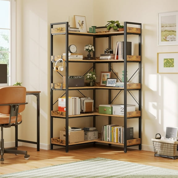 Greenstell 5-Tier Corner Shelf, Industrial Display Bookshelf, 29.49" Wide Freestanding Bookcase for Living Room Home Office, Rustic Brown