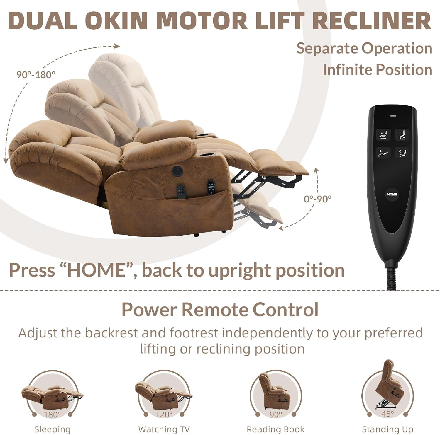 EPICOZY Oversized Dual Motor Power Lift Recliner Chair with Extended Footrest for Big Tall Man, Lay Flat Sleeper Electric Recliner with Massage and Heat, Lumbar Pillow, USB & Type-C Port, Brown