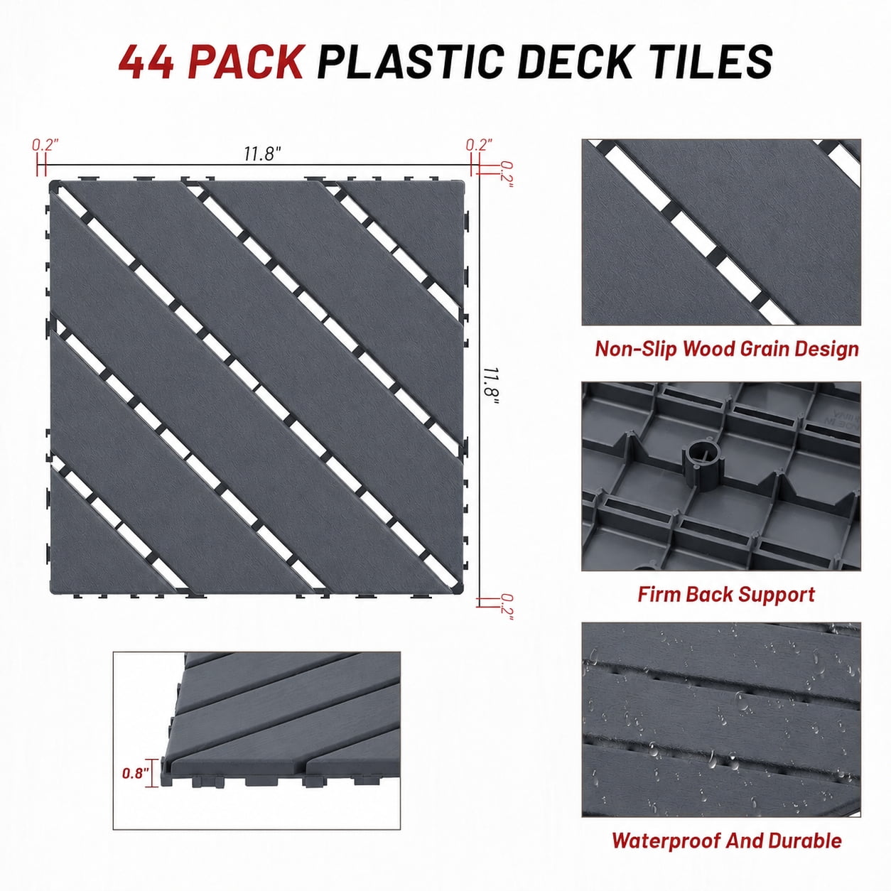 44 Pack Interlocking Deck Tiles Outdoor Patio Flooring Waterproof DIY Snap Plastic Floor Tiles for Balcony Backyard Pool