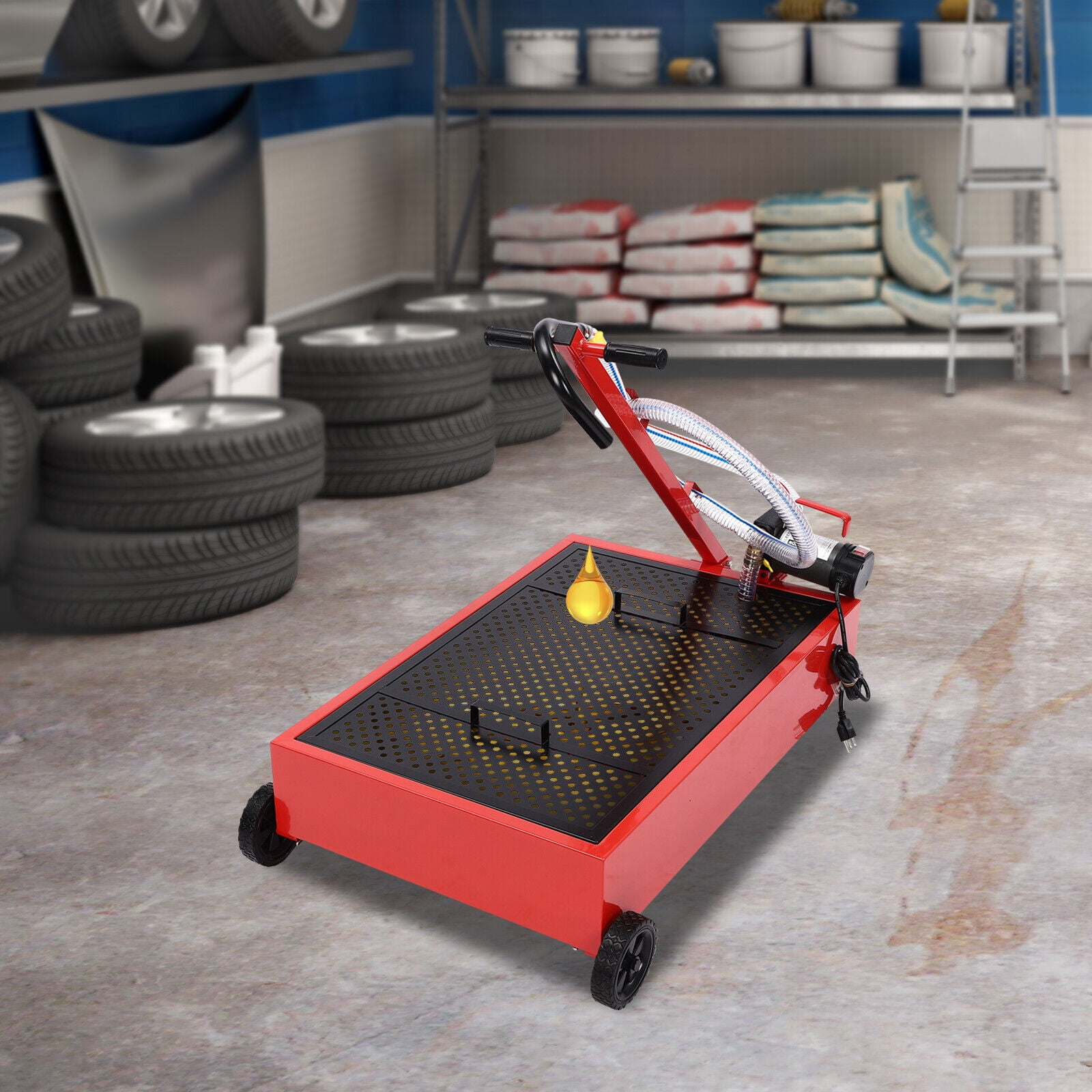 20Gal Low Profile Oil Drain Pan 20 Gallon Oil Drain Pan with 120W Electric Pump 8ft (Red, Black)