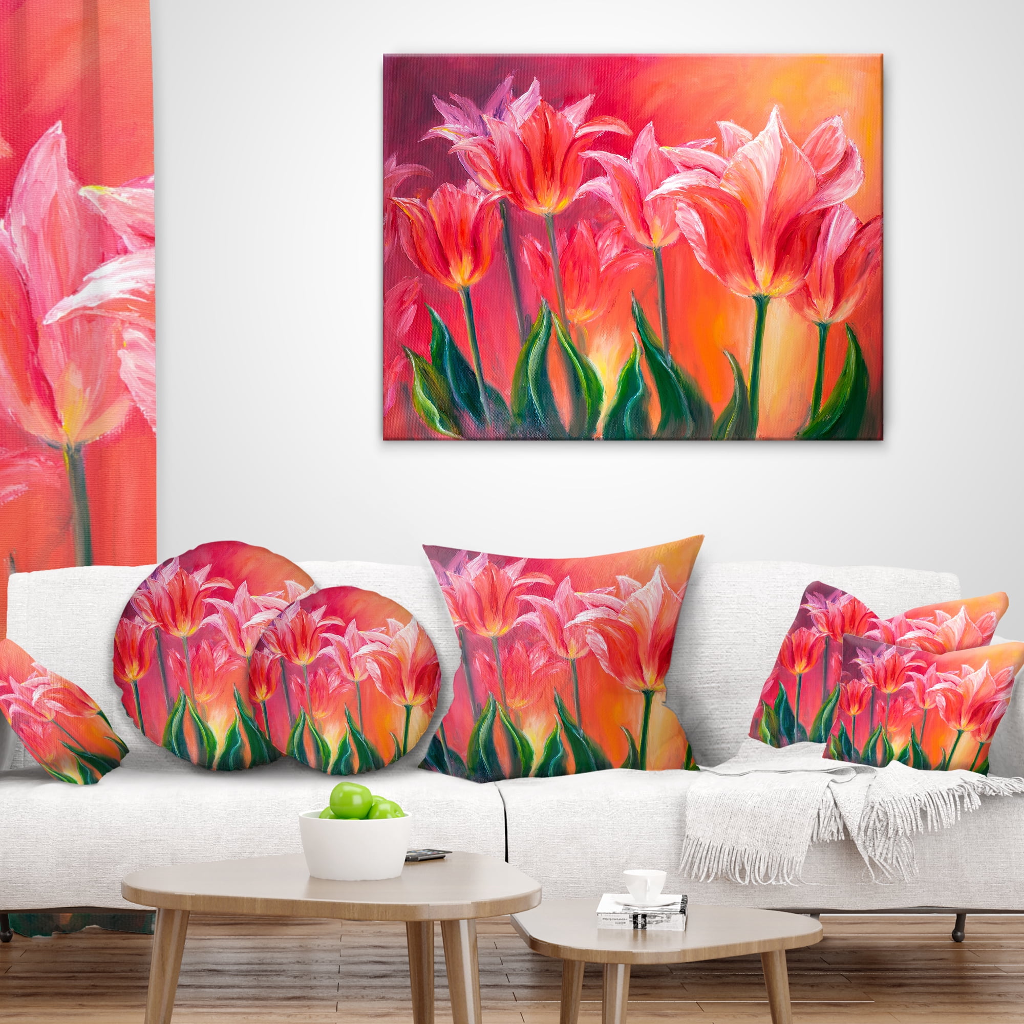 Designart Tulips in Red Shade - Floral Throw Pillow - 16x16