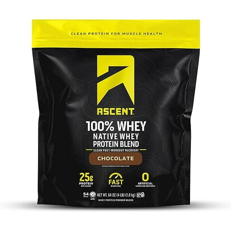 Ascent 100% Whey Protein Powder - Post Workout Whey Protein Isolate, Zero Artificial Flavors & Sweeteners, Soy & Gluten Free, 5.5g BCAA, 2.6g Leucine, Essential Amino Acids, Chocolate 4 lb