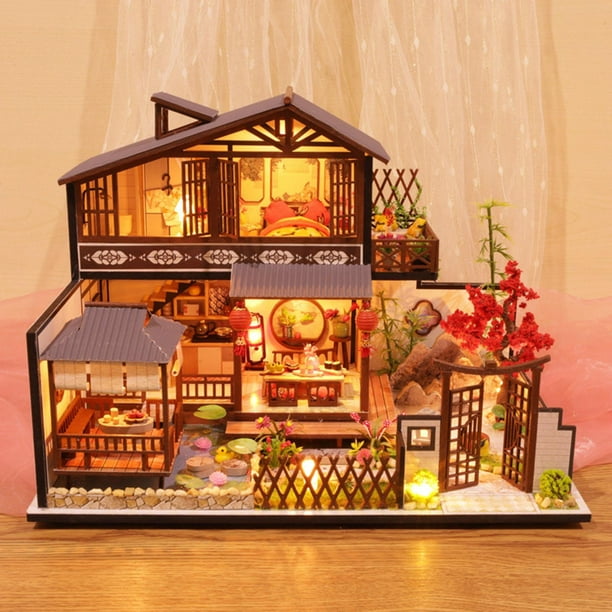 Miniature de maison de poupée en bois bricolage avec cadeau d'anniversaire  de meubles légers pour les amoureux 