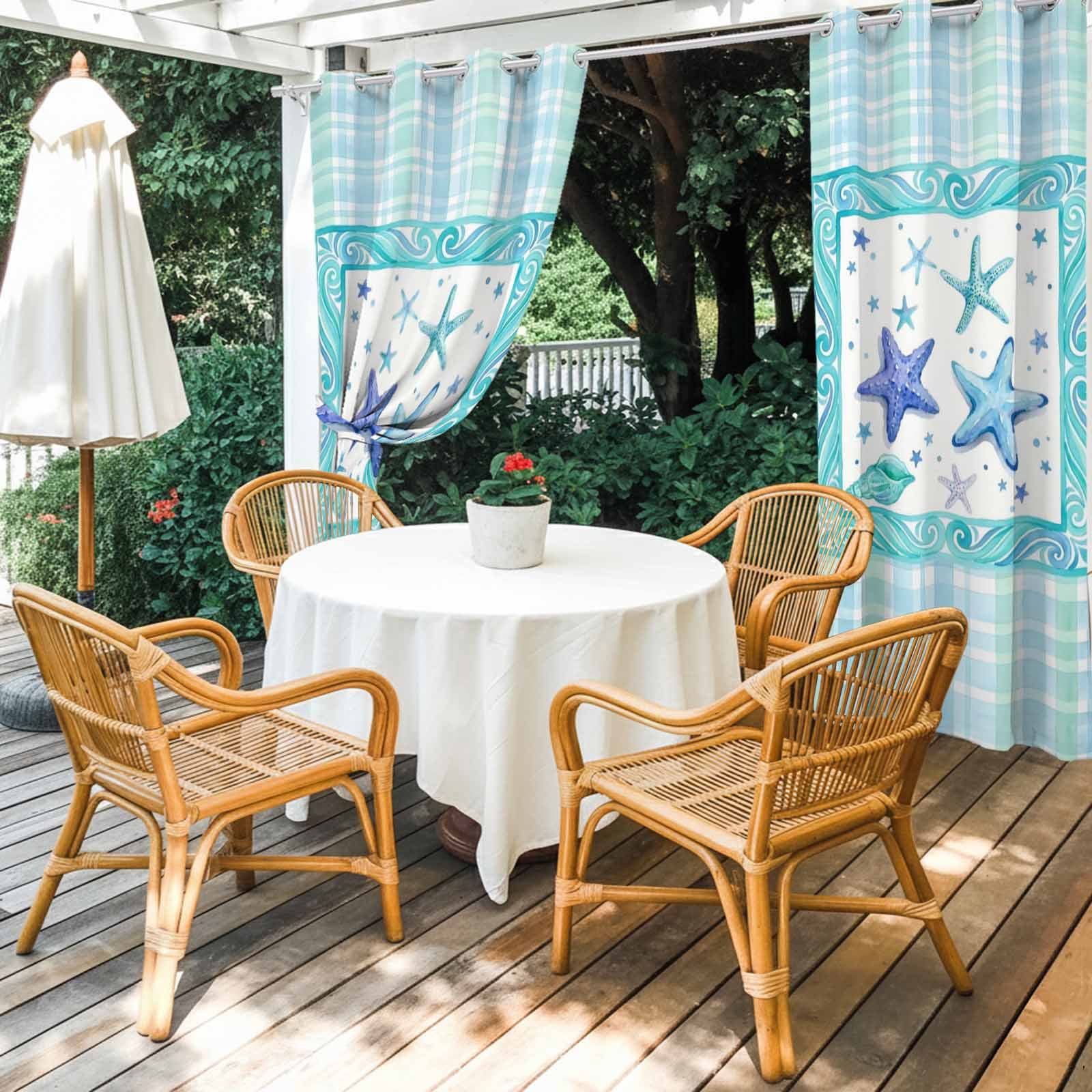 Summer Marine Life Outdoor Curtains for Patio, Watercolor Starfish Green Blue Border Plaid Sunshade Privacy Drapes Grommet Waterproof Outside Curtains for Porch/Cabana/Balcony 54"x 108", 1 Panel