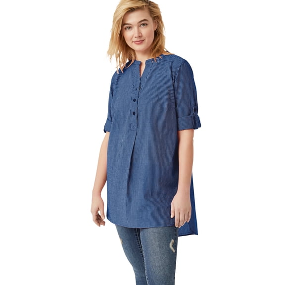 Ellos Women's Plus Size Striped Henley Tunic Oversized Long Top Wear with Leggings