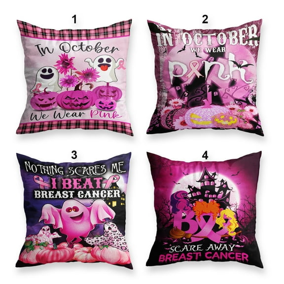 Halloween Pillow Covers, Halloween Decoration, Breast Cancer October Month, Pink Ribbon, Cute Boo and Pumpkin, Set of 4 Pillow Covers - 12x12 in (Pink)
