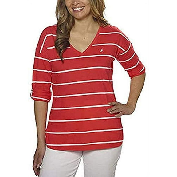 Nautica Ladies' V-Neck Top with Roll Tab Tee (Hibiscus, X-Large)