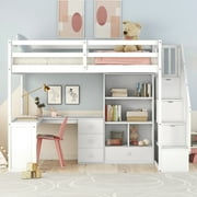 Pinovk Twin Size Loft Bed with L-Shaped Desk and Drawers, Cabinet and Storage Staircase, White