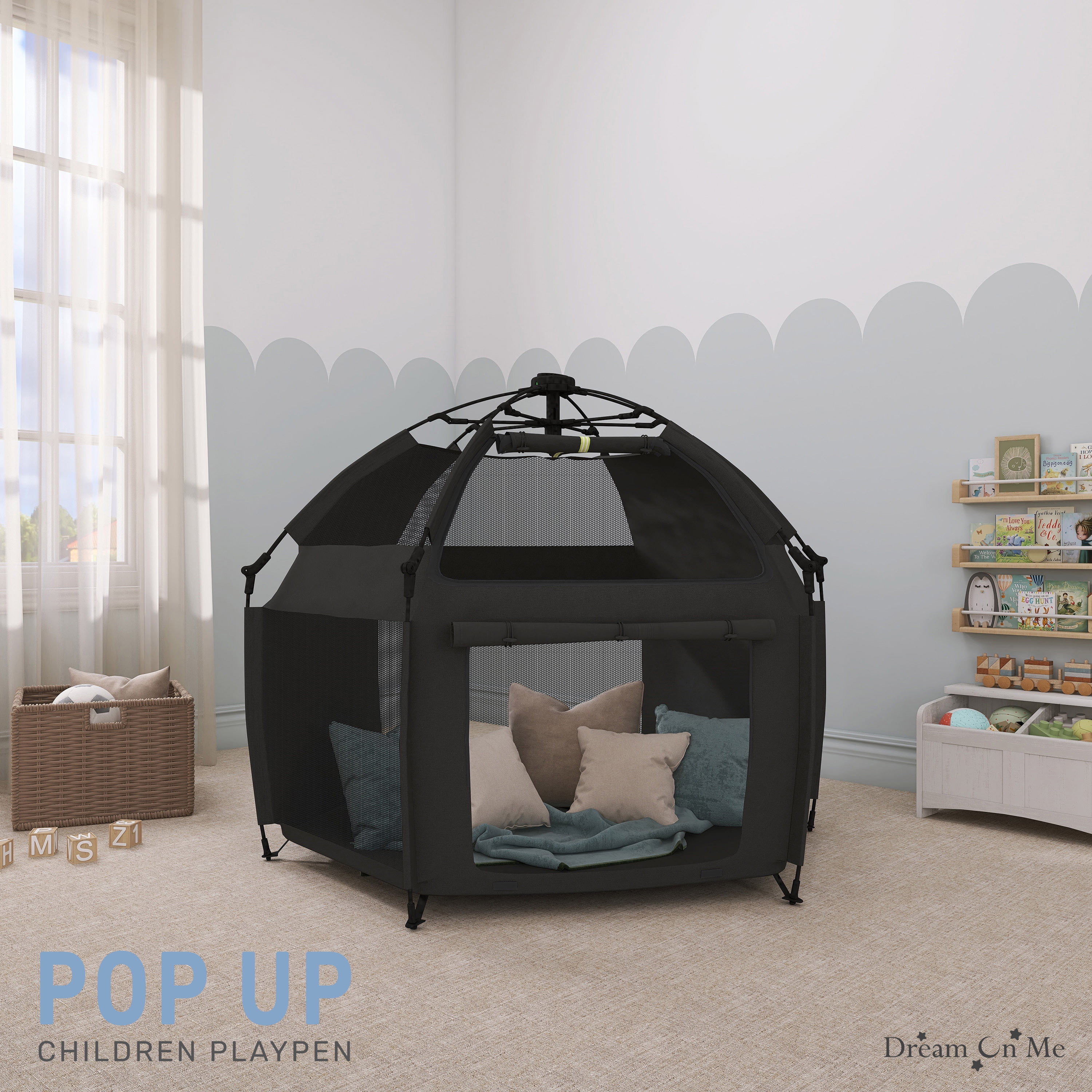 Dream On Me Pop Up Children Playpen, Easy Set-Up- Indoor Play House and Outdoor Play Tent with Canopy Cover, Black