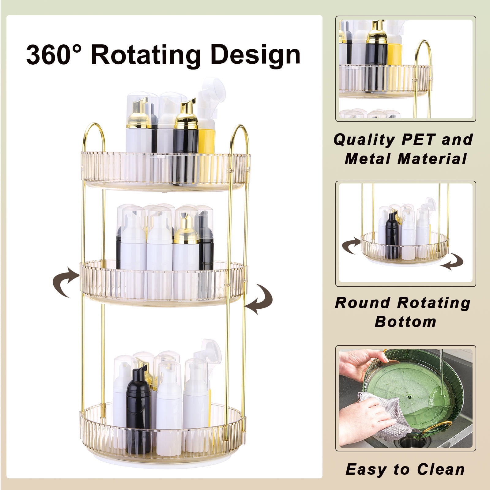 Unique Bargains 2 Layer Rotating Makeup Round Skincare Countertop Perfume Organizer Gold