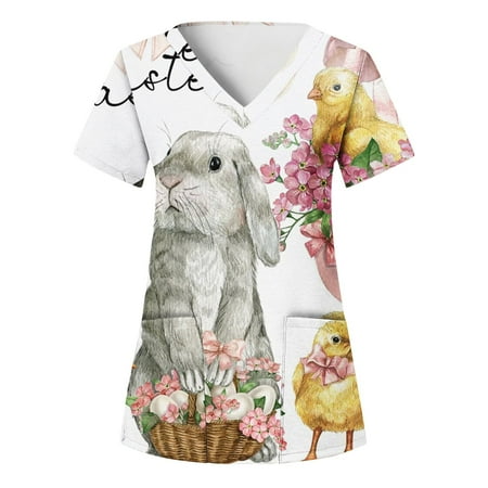 

TAIAOJING Scrubs for Women Workwear Casual Easter Day Printed Short Sleeve V Neck Cartoon Working Tshirts Blouse Tops With Pockets