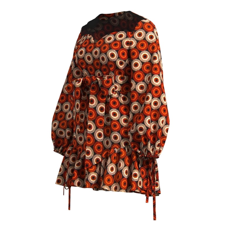Bintarealwax African Dress for Women Elegant Crewneck Long Sleeve Ladies  Dashiki Printing Dress with Waistband - Walmart.com