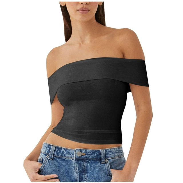 Yuyuzo Going out Tops for Women off Shoulder Tops Short Sleeve Crop Top Solid Color Stretchy Slim Fitted Basic Tees