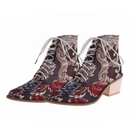 

Women Vintage Embroidery Booties Middle Thick Heel Pointed Toe Ankle Boots New