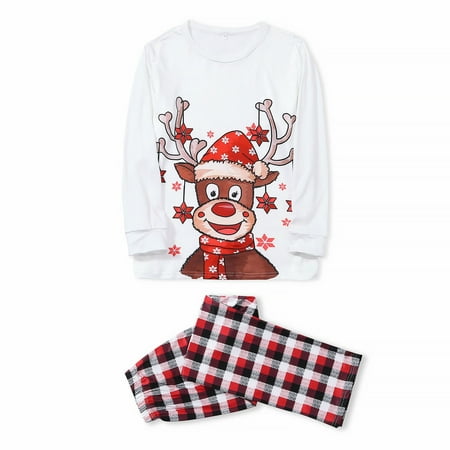 

Ruhiku GW Christmas Women Plaid Deer Print Long Sleeve Tops+Pants Family Pjs Matching Set White L