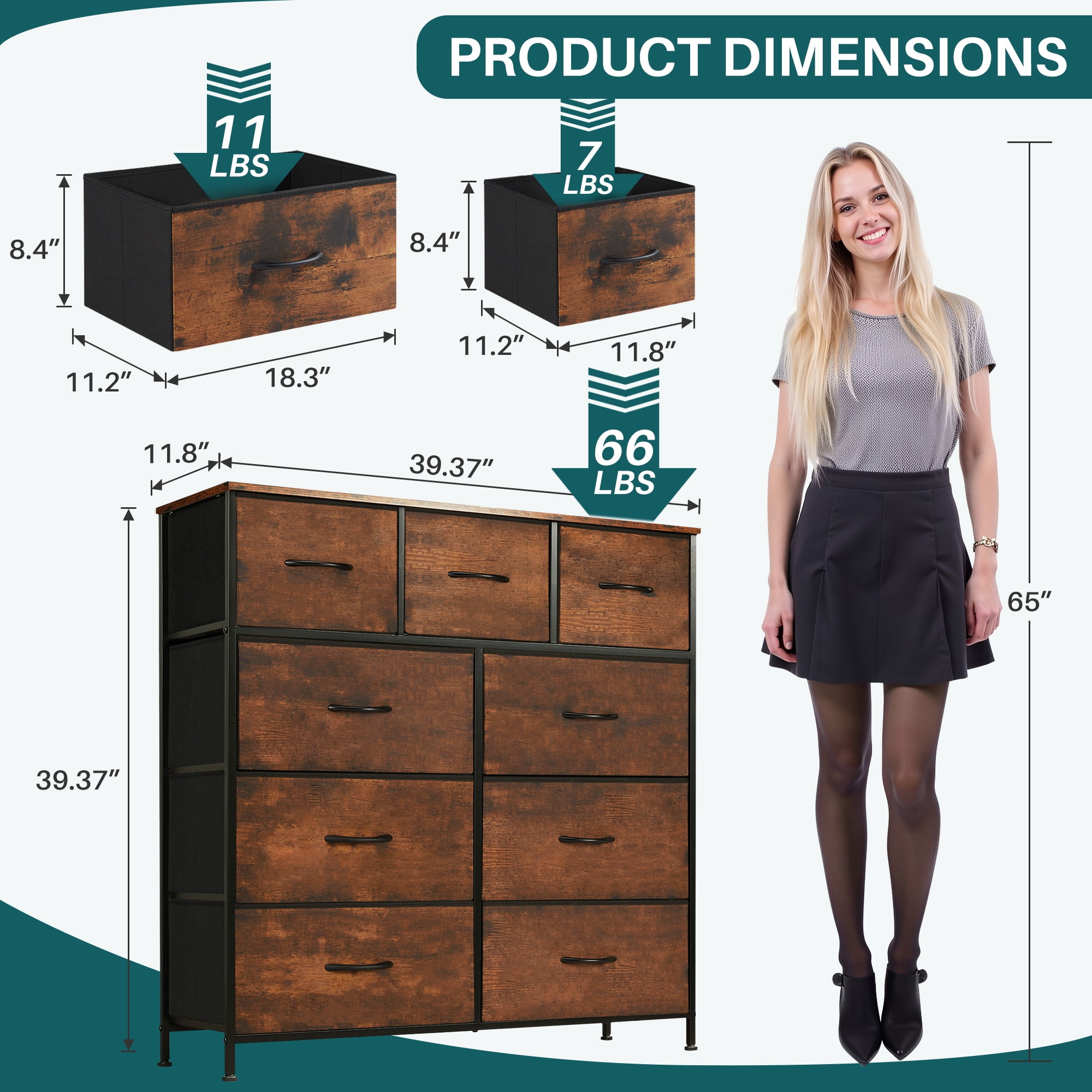 Nextay 9-Drawer Fabric Dresser for Bedroom, Storage Dresser Closet with Steel Frame & Wooden Top for Living Room, Dressing Room, Entryway, Brown