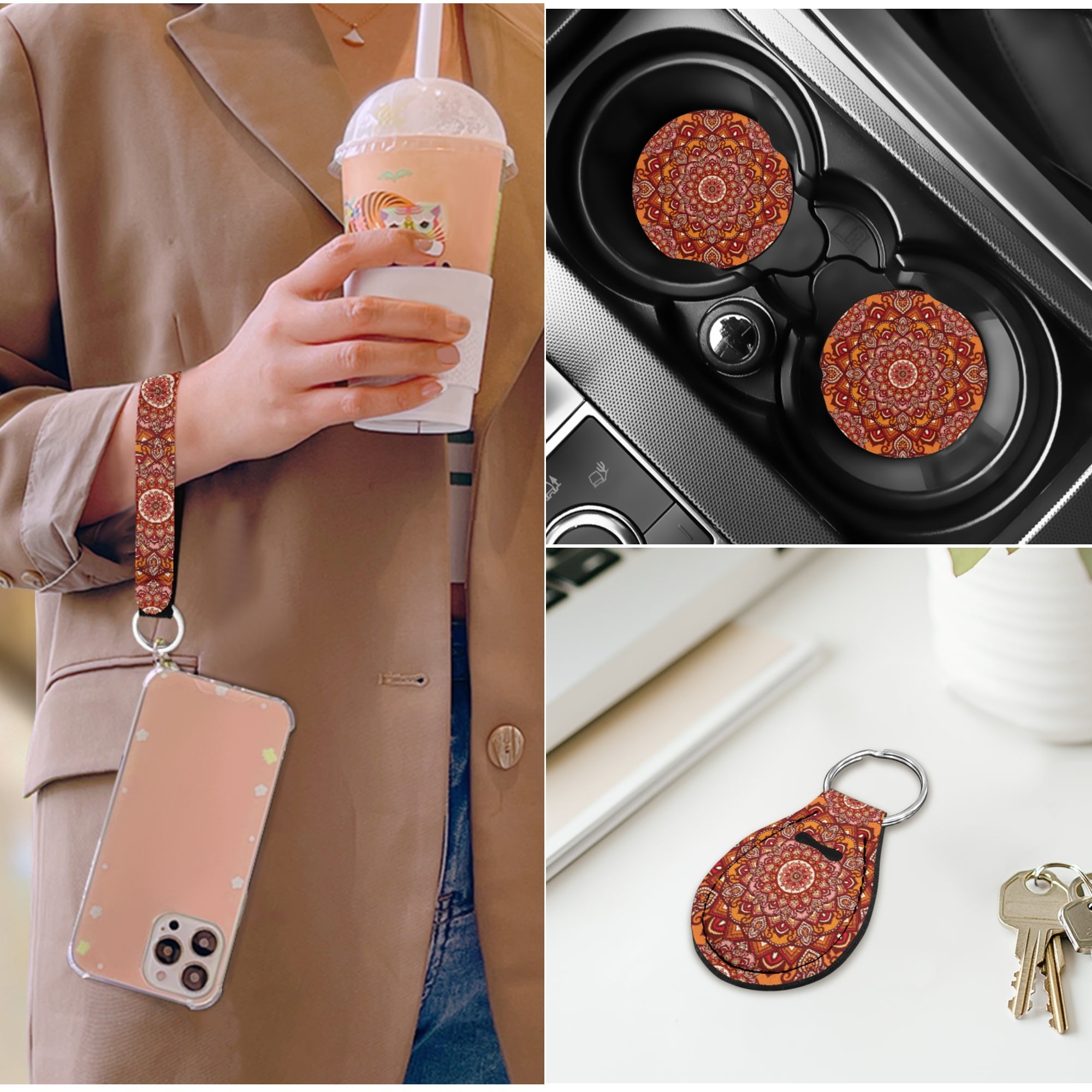 Jeiento Orange Boho Mandala Car Seat Covers Full Set with Steering Wheel Cover Safe Belt Pads Headrest Covers Coasters Center Console Cover Keychain 14 PCS Auto Accessory Interior Sets