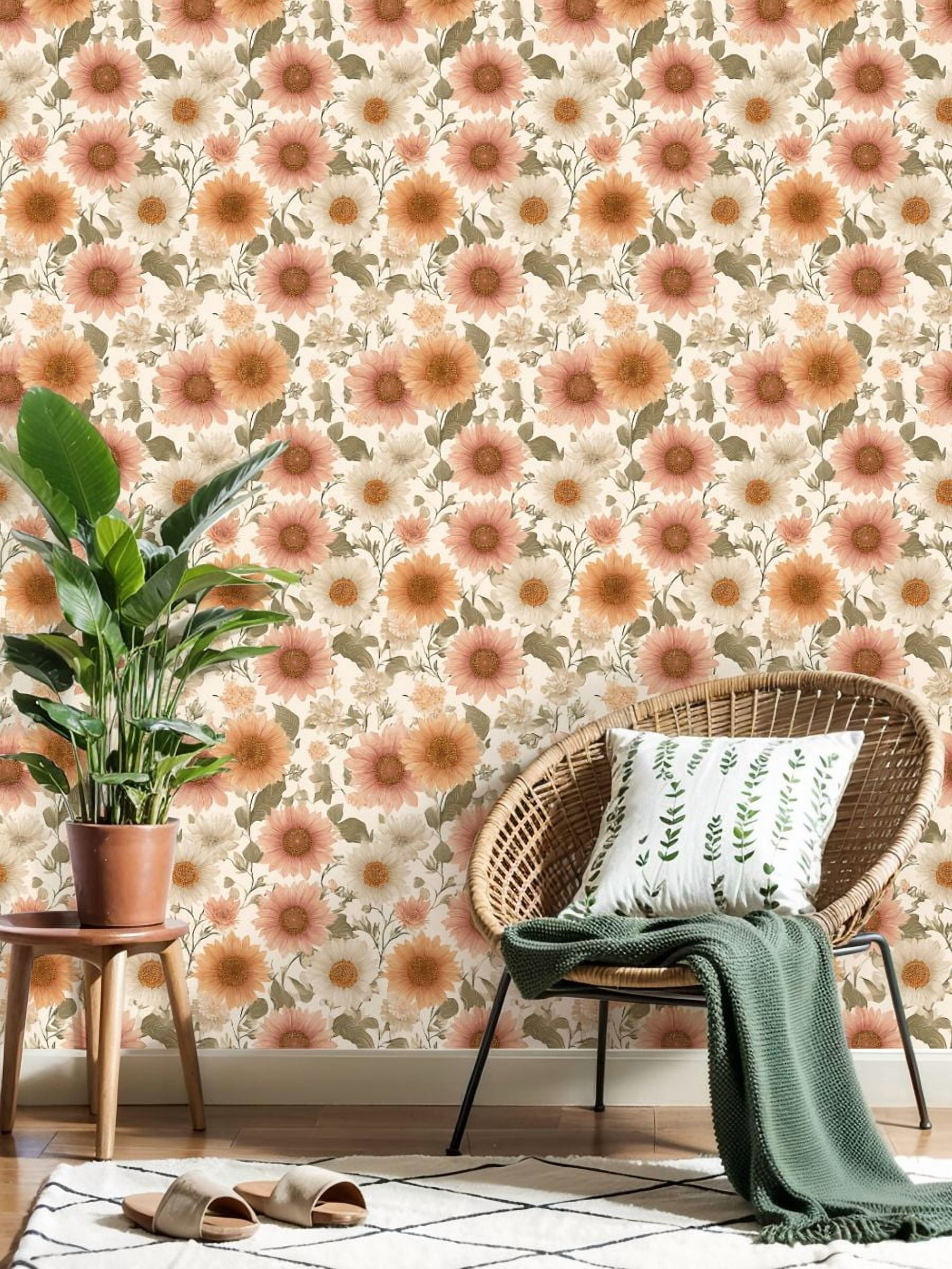 Peel and Stick Wallpaper 17.7in x 9.8ft Floral Sunflowers Pastel Daisies Vintage Contact Paper Vinyl Waterproof Self Adhesive Wall Paper for Bedroom Shelf Cabinet Renter Friendly