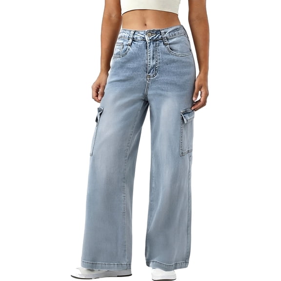 Womens High Waisted Multi-Pocket Fashion Utility Jeans Cargo Straight Leg Denim Pants Casual Versatile Trousers Streetwear Cargo Pants