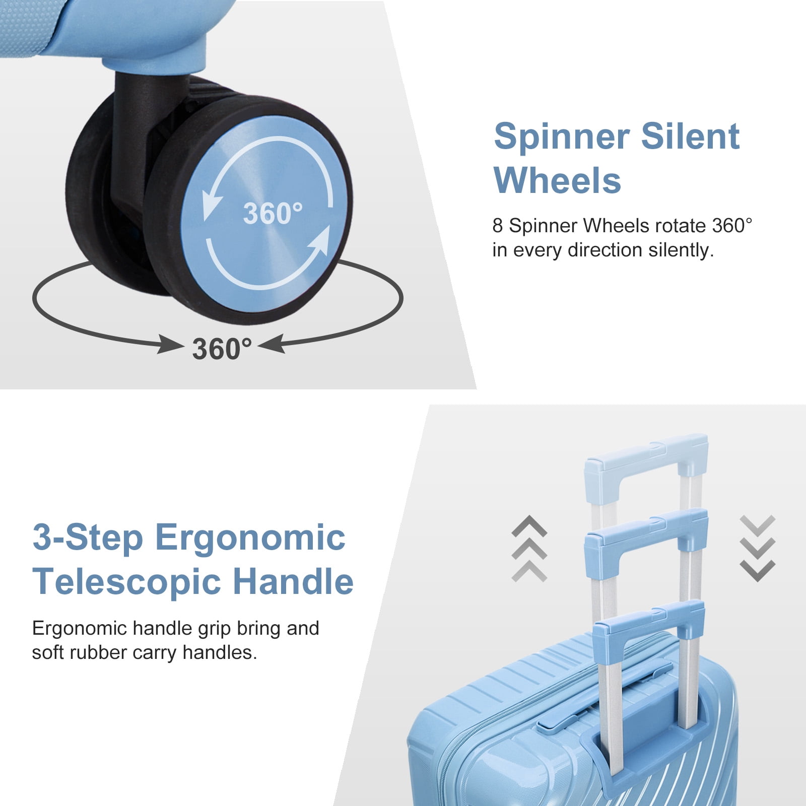 Zimtown 3 Piece Carry-on Luggage Sets, PP Hardside Suitcase Set with Spinner Wheels, Portable Travel Bag and Toiletry Bag, Blue