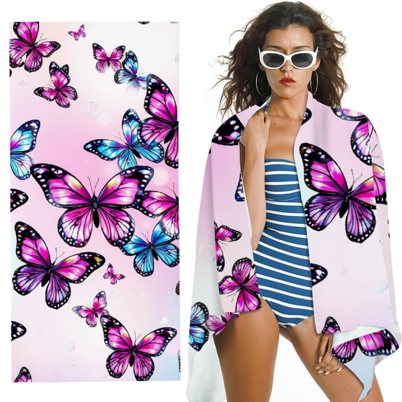RKSupls Pink Blue Butterfly Microfiber Beach Towel, Extra Large Quick Dry Lightweight Absorbent Towel for Travel Swimming Camping, Soft Super Absorbent- 30x60 in