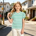 thumbnail image 6 of BRGZLK Girls Puff Sleeve Tops Kids Summer Striped Crewneck Short Sleeve T Shirts Soft Comfortable Casual Basic Tees Green 10-11Y, 6 of 8