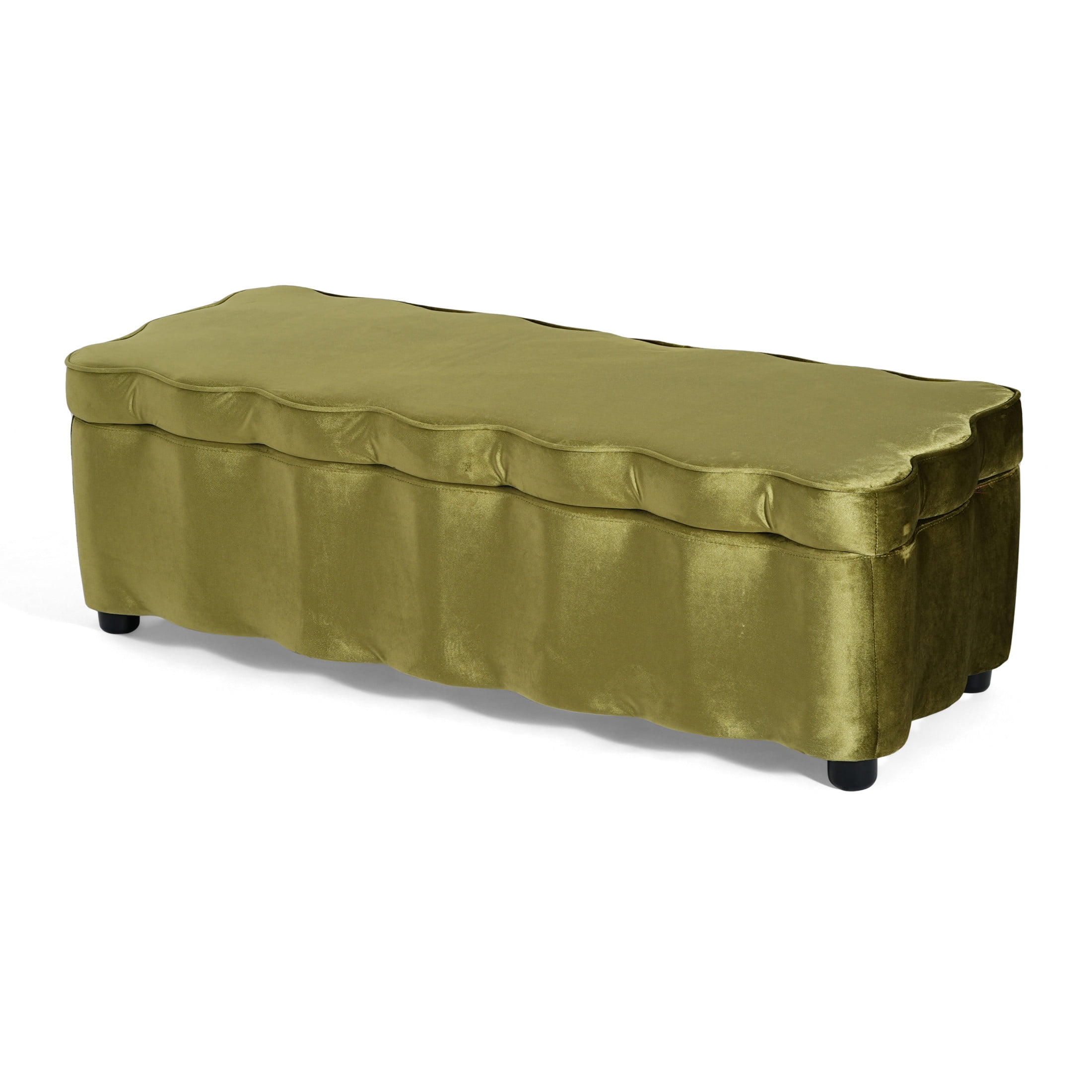 Christopher Knight Home 50" Modern Velvet Storage Ottoman with Scalloped Design, Solid Wood Frame, Olive Green