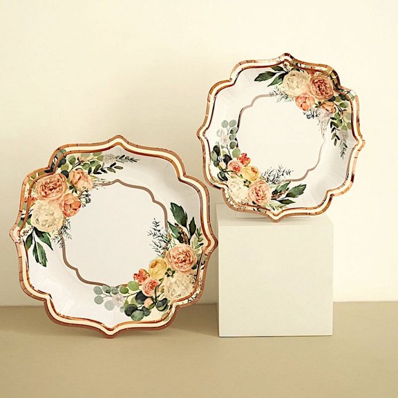 BalsaCircle 25 White 10" Floral Disposable Dinner Salad Paper Plates Rose Gold Scallop Trim Events Decorations