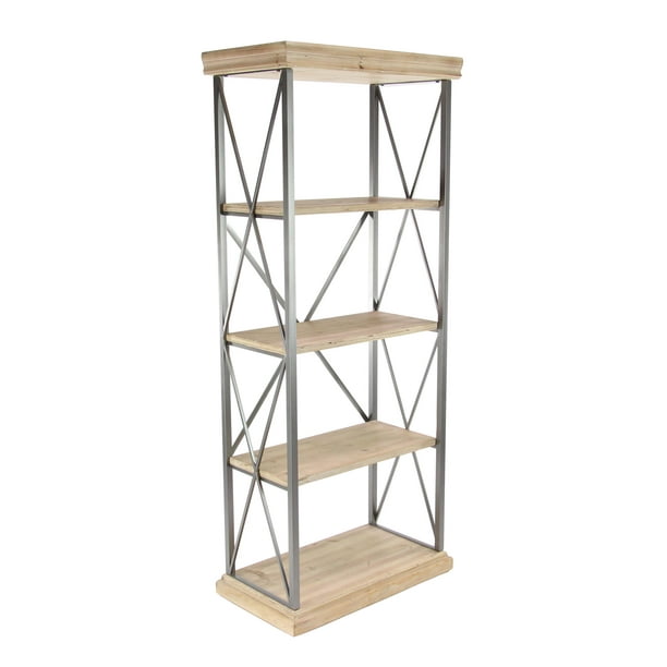 Decmode Rustic 5Tiered Fir Wood and Iron Shelving Unit, Brown