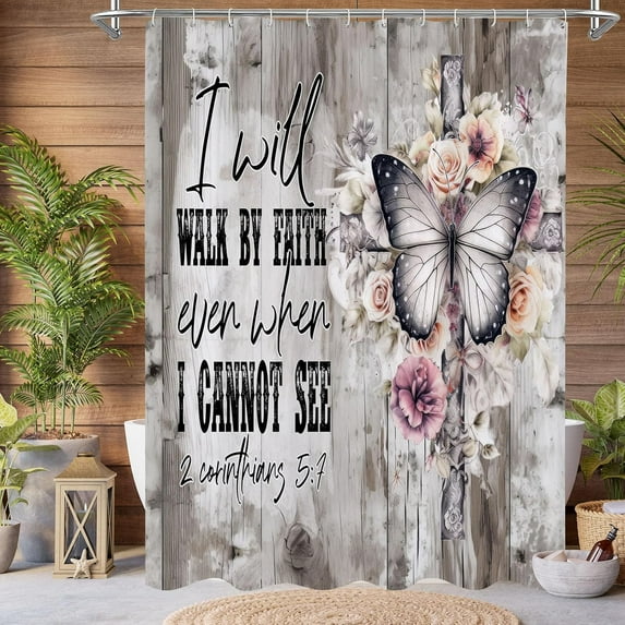 Brown Floral Bible Verse Quotes Wood Shower Curtain, Tan Rustic Flowers Butterfly Shower Curtains for Chic Vintage Bathroom Decor, Modern Christian Scripture Shower Curtain, 72x72 Inch