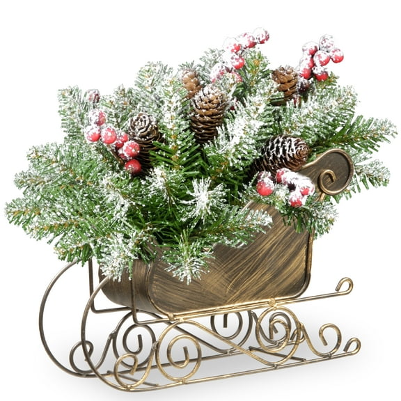 National Tree Company Dunhill Fir Sleigh Centerpiece, Flocked, Pine Cones, Berries, 10 Inch.