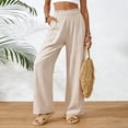 thumbnail image 5 of larppty Women Linen Pants Summer Wide Leg Pants Boho Elastic Waist Pant Flowy Beach Pant with Pockets（Beige， L）, 5 of 9