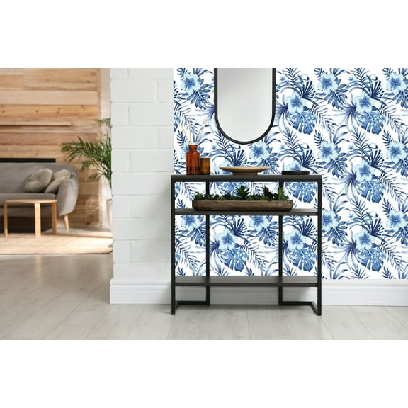 MuralsPrint Hibiscus Plumeria Floral Blue Palm Leaves Removable Wallpaper - 24'' inch x 10'ft