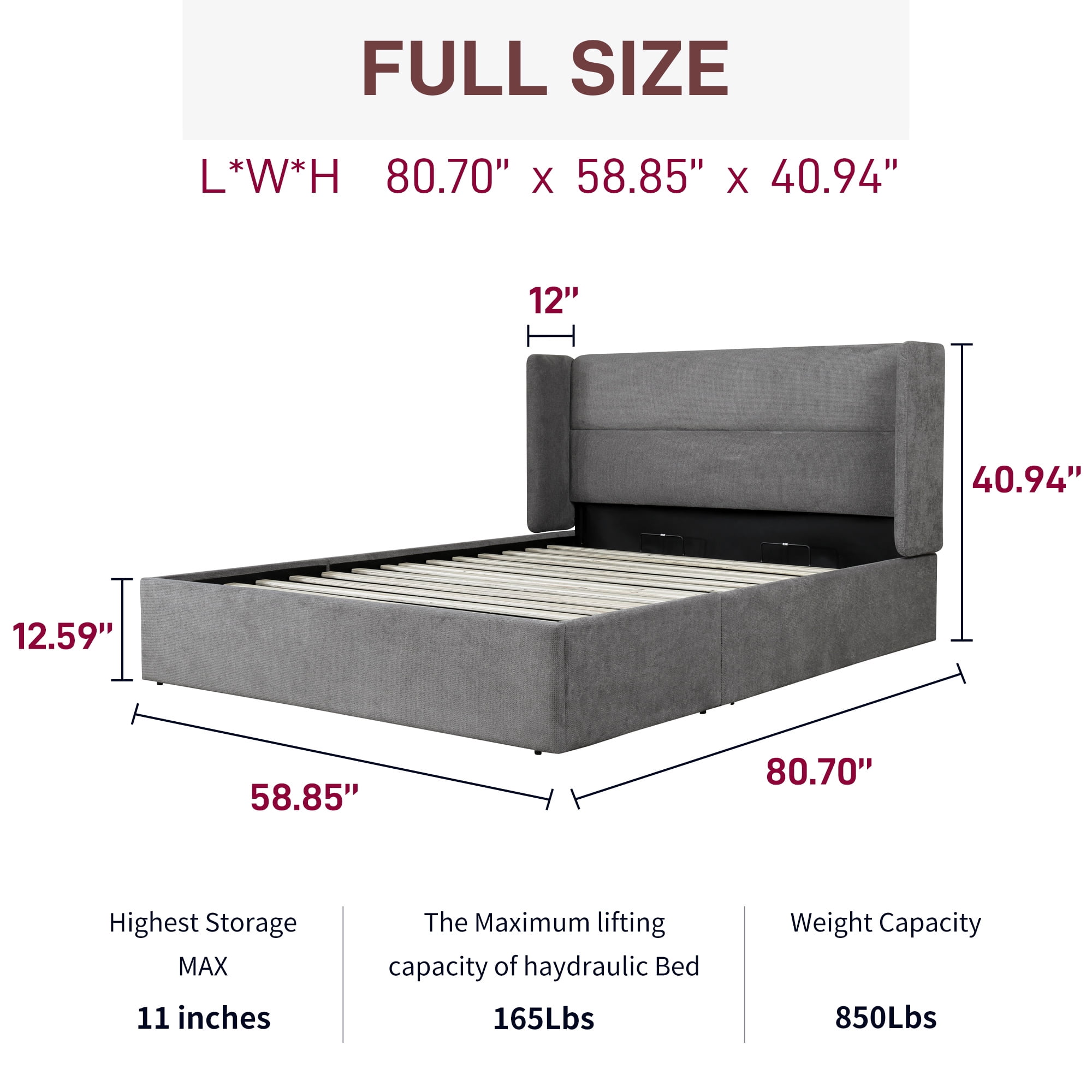 Full Size Lift up Storage Bed, Upholstered Platform Bed Frame with Modern Linen Fabric Wingback Headboard, Wood Slats Support, Noiseless, Easy Assembly, No Box Spring Needed, GRAPHITE