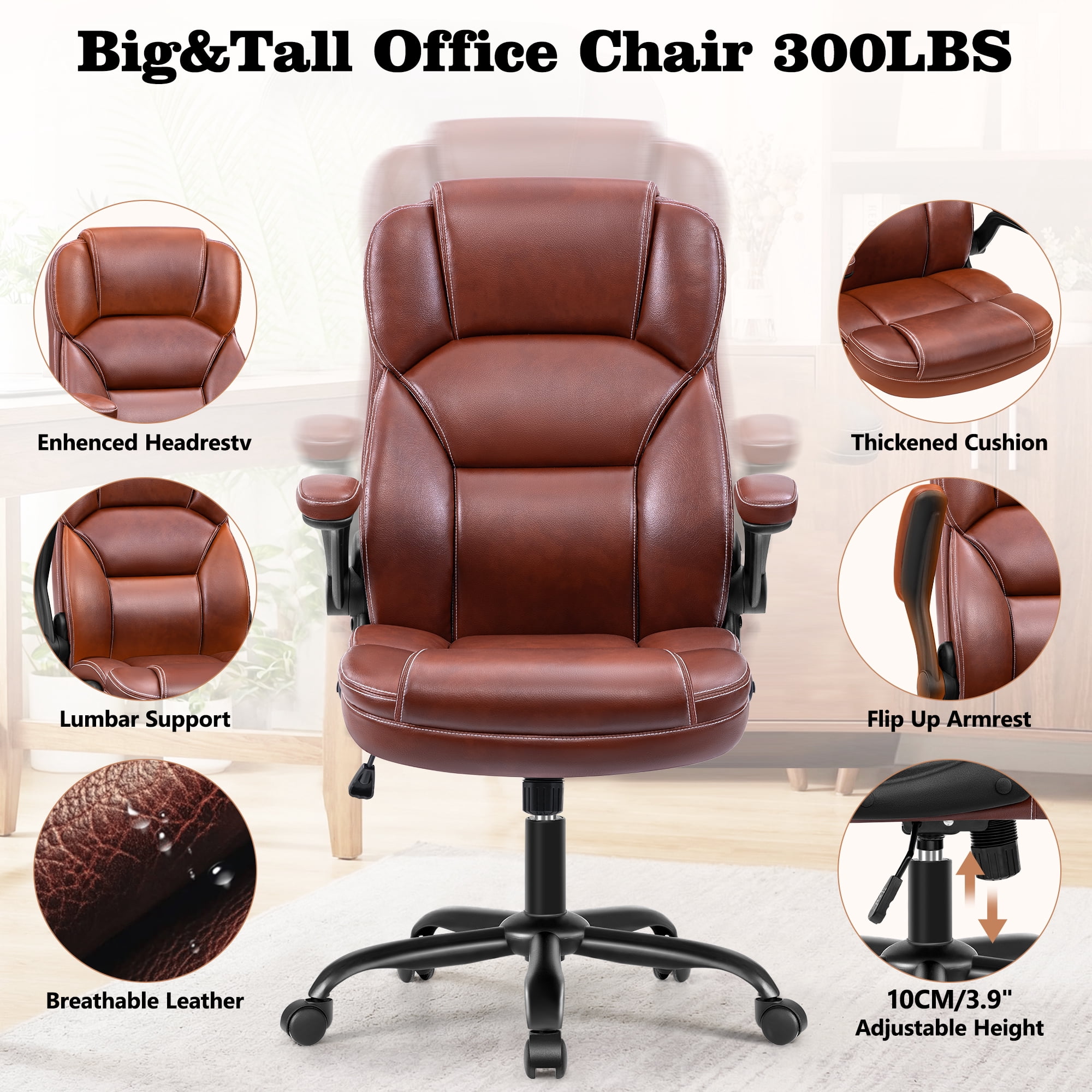 STACOO Large Executive PU Leather Office Chair with Adjustable Armrests, High Back and Lumbar Support, Ideal for Big and Tall Users, Home Office Chair Computer Desk Chair, Brown