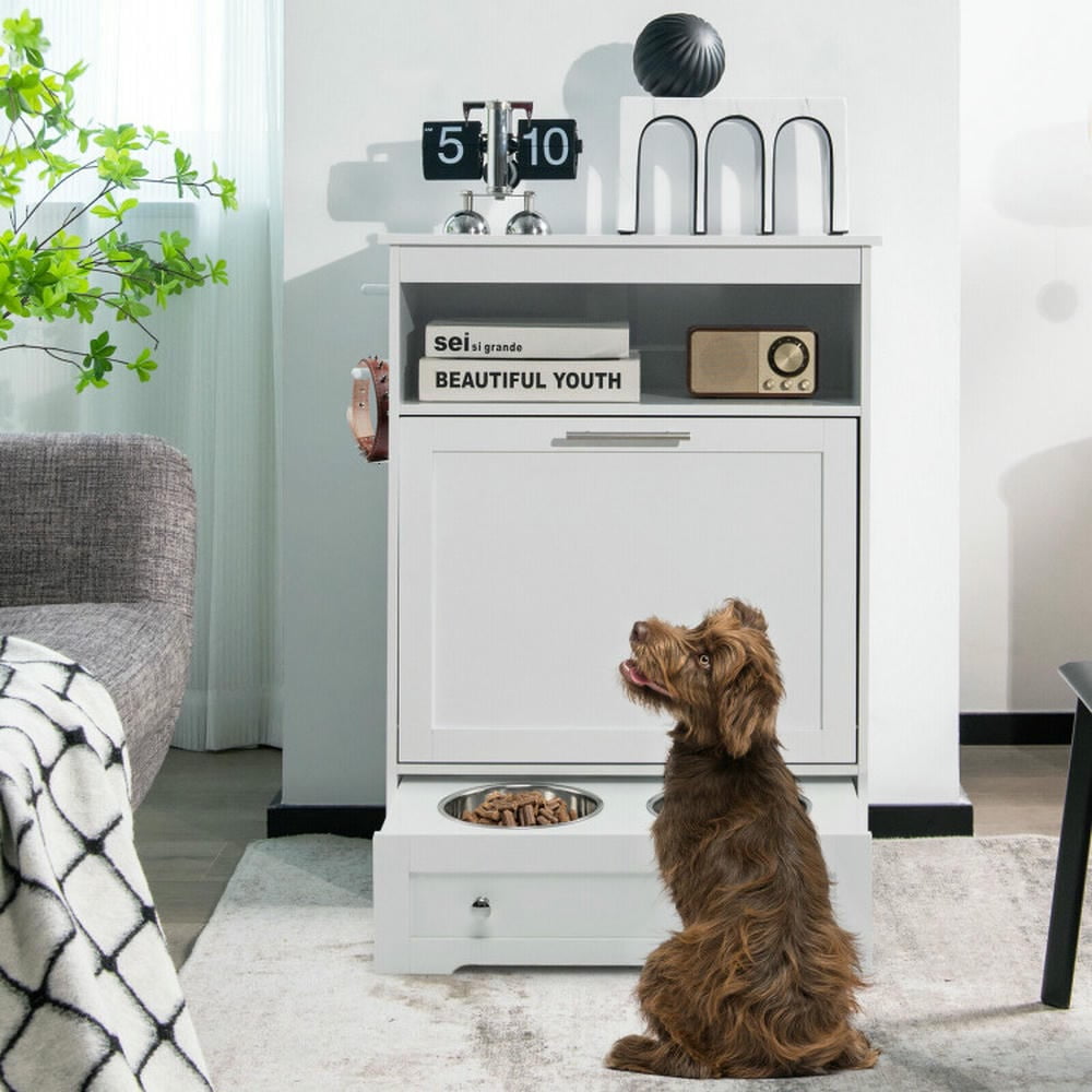 Topcobe Pet Feeder Station with with Storage Cabinet and 2 Elevated Dog Bowls, Hidden Dog Feeding Station-White