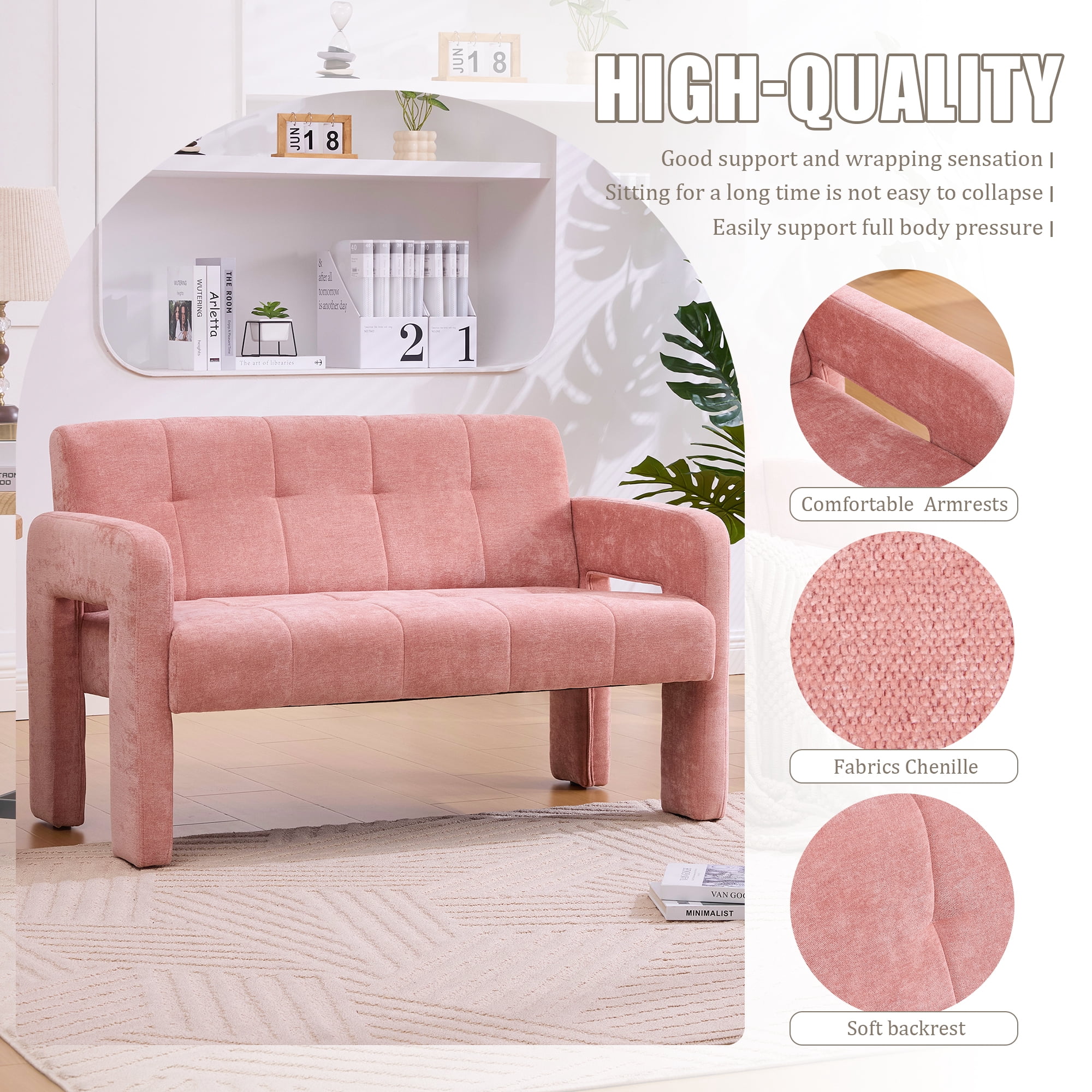 MOONMISS Chenille Upholstered Tufted Comfortable Wood Frame Loveseats Sofa with Dual Armrests-Pink
