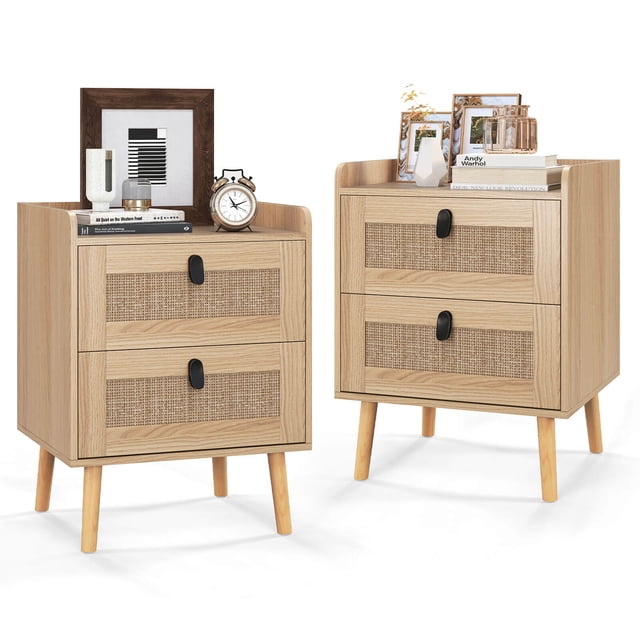 Costway 2 PCS Nightstand End Bedside Table with 2 Rattan Drawers & Solid Wood Legs White Natural