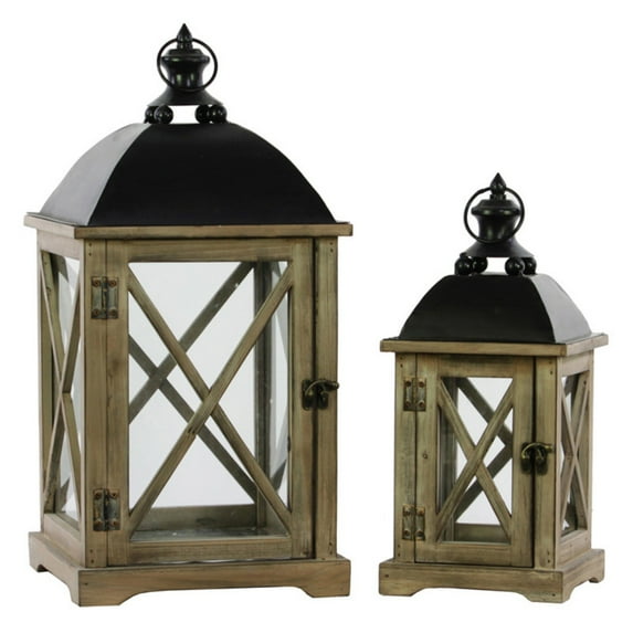 UTC46200 Wood Square Lantern with Cast Iron Top, Metal Ring Handle and Glass Sides Set of Two Natural Wood Finish Brown