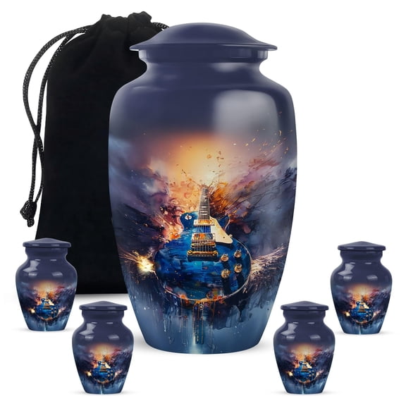 YATHABHISA Guitar Cremation Urn for Human Ashes, Decorative Musical Keepsake Memorial Urns for Adults Men & Women, Dark Blue, Combo (1Pc 10 Inch & 4Pcs 3 Inch)