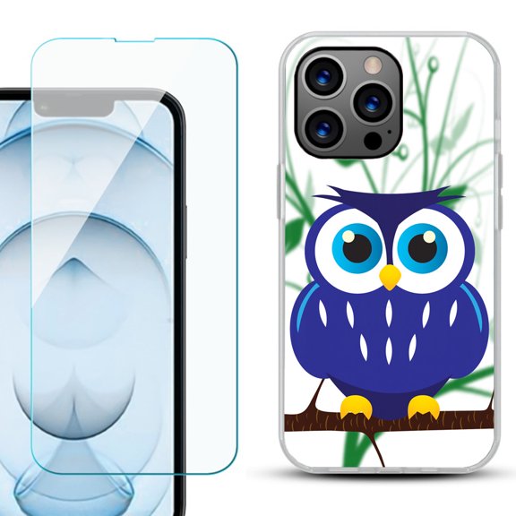 Slim-Fit Gel TPU Phone Case for iPhone 13 Pro Max, with Tempered Glass Screen Protector, by OneToughShield ® - Blue Owl