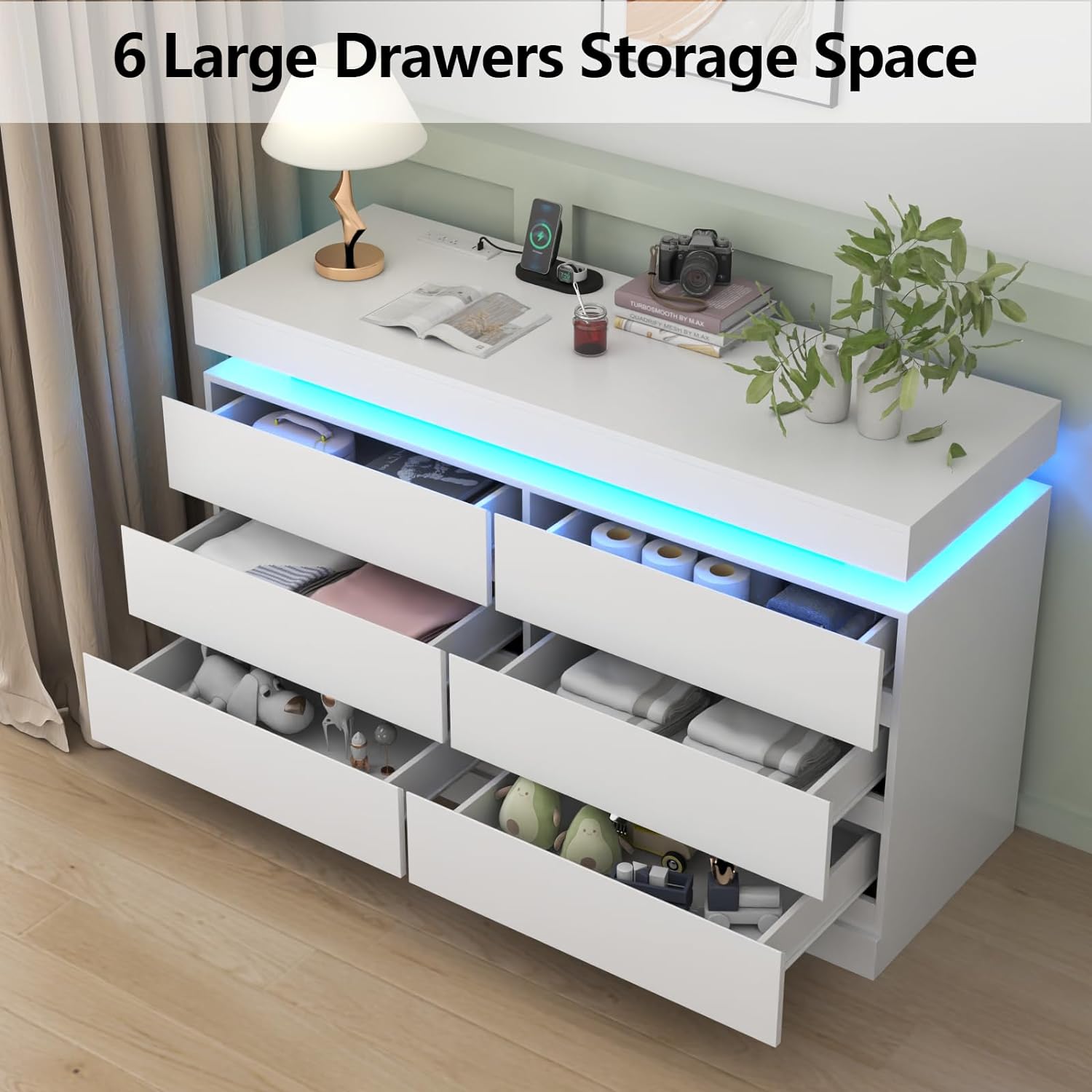 Jovego 6 Drawer Dresser For Bedroom With Charging Station LED Lights Wood Top White